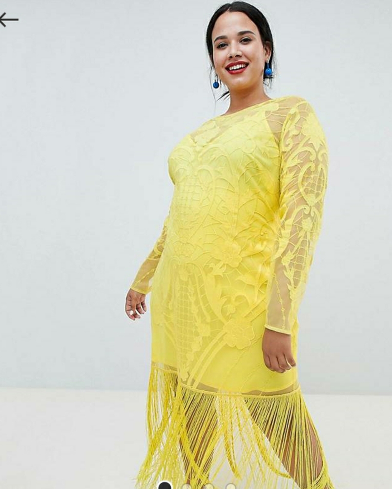 ASOS CURVE YELLOW FRINGE MIDI DRESS SZ 16